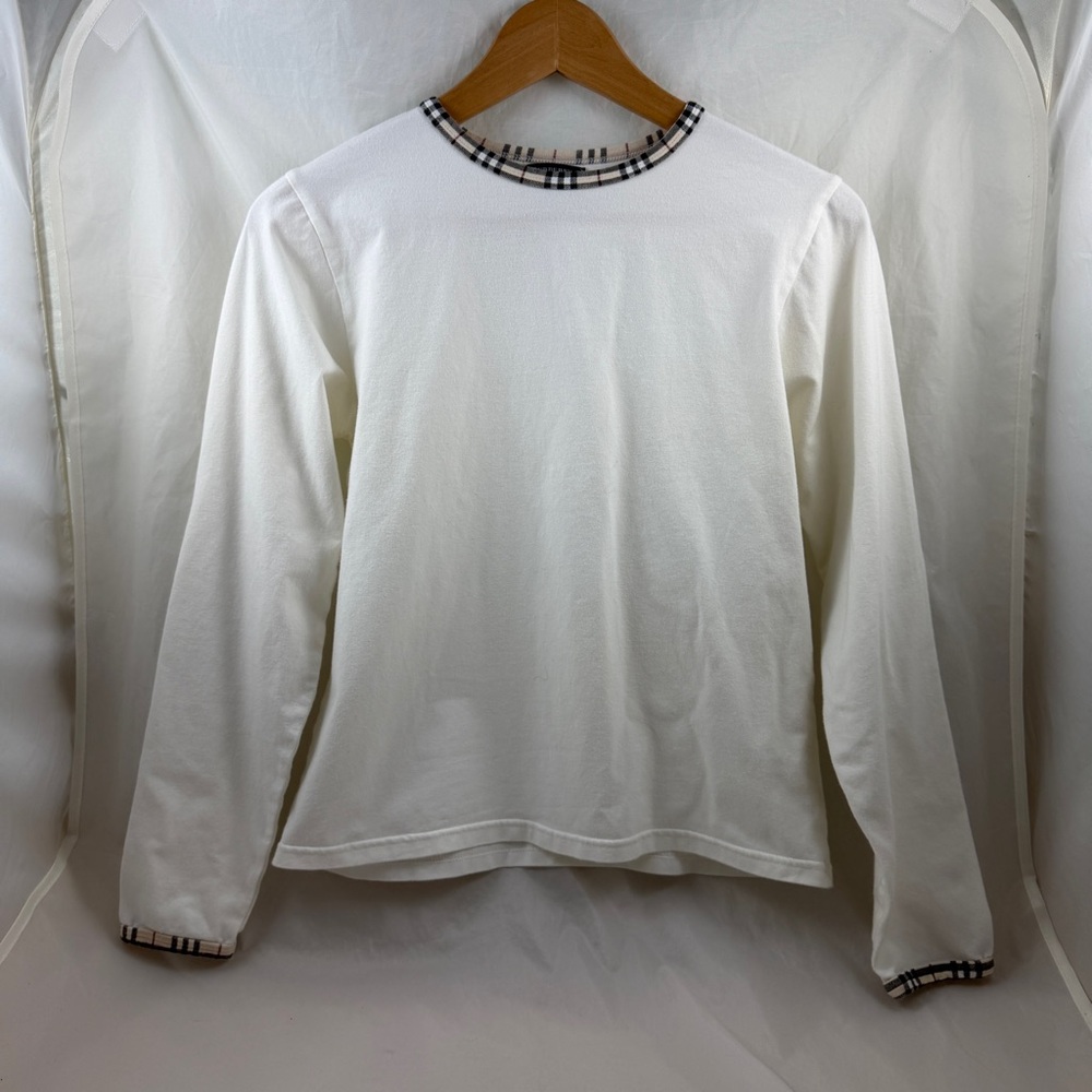 Authentic Burberry Long Sleeve White Top with Plaid trimmed collar & cuffs